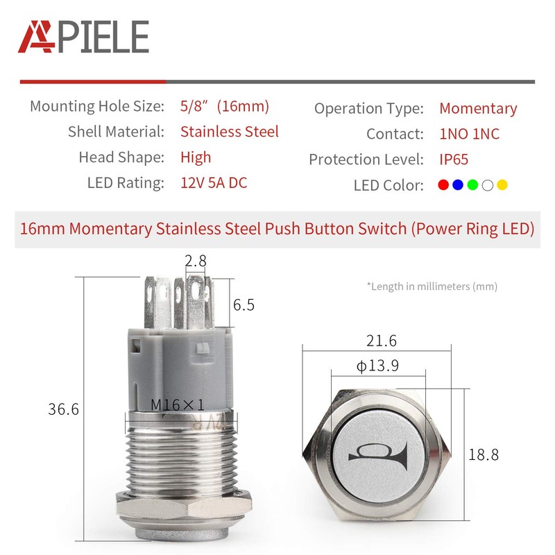APIELE 16mm 12V Momentary Speaker Horn Push Button Toggle Switch