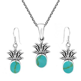 AeraVida Tropical Pineapple Simulated Turquoise Inlay .925 Sterling Silver Necklace Earrings Set