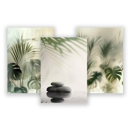 WBdesignz 3er Poster-Set – Tropisches Spa Design mit Palmenblättern & Zen-Steinen – Beruhigende Natur Wanddeko für Badezimmer, Spa, Gäste-WC oder Yoga-Raum (DIN A4) – ohne Rahmen