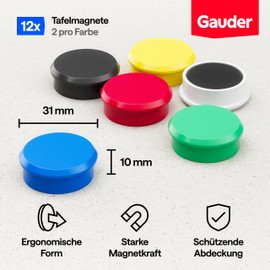 GAUDER Magnets for Magnetic Board - Strong Whiteboard and Fridge Magnets - Round Board Magnets for Office, School & Household (31 x 10 mm - Pack of 12 - Colourful)