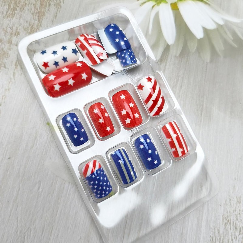 24Pcs 4th of July Press on Nails Square Medium USA