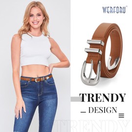 WERFORU Women Leather Belt Fashion Leather Waist Belt for Pants Jean Ladies Western Thin Belt with Gold/Silver Buckle