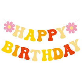 Pre-Strung Happy Birthday Banner w/Flower,Birthday Party Decorations,Groovy Birthday Decor. Did we mention no DIY?