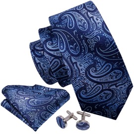 Barry.Wang Blue Paisley Ties Silk Necktie Set Handkerchief Cufflinks