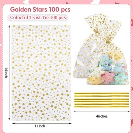 LEOSINDA Cellophane Treat Bags,Clear Cellophane Bags,11 X 14 Inches Treat Bags,50 Twist Ties,for Gift Wrapping,Packaging Candies,Dessert,Bakery, Cookies, Chocolate,Party Favor, Gold Star Printed
