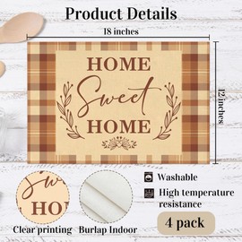 Home Sweet Home Fall Placemats Set of 4, Brown Buffalo Plaid Linen Placemats, Washable Heat Resistant Place Mats Decor for Kitchen Dining Farmhouse, Eucalyptus Print-A06