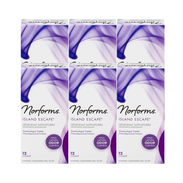Norforms Feminine Deodorant Suppositories, Long Lasting Odor Control, Island Escape scent, 12 Count. (Pack of 6)