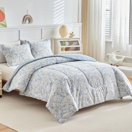 Joyreap 3pcs Floral Cotton Comforter Set for Girls, Flowers Blue Design, Queen Size Soft n Cozy Kids Bedding Comforter for All Season- 88x88 inches