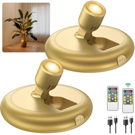 Rechargeable Battery LED Spotlight Indoor: Wireless Mini Art Accent Spot Lights with Timer Remote - Small Dimmable Uplight for Plants Display Painting Dartboard Artwork Portrait Closet (2 pack-gold)