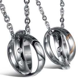 JewelryWe New Arrivals Lover's Heart Shape Stainless Mens Ladies "Real Love" Couple Double Rings Pendant Necklaces (Couple's Pendants, One Pair)