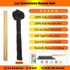 Permanent Loc Extensions Human Hair 12 Inch 10 Strands 0.4 cm Dreadlock Extensions Human Hair Loc Extensions Dreads Extensions for Men Women Kids Real Human Hair Locs 1B Natural Black Handmade Locs