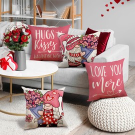 MEHOFOND Valentine's Day Pillow Covers 18x18 Inch, Pink Valentines Day Gnome Pillow Covers, Holiday Anniversary Throw Pillow Covers, Love You More Cushion Case Decoration for Sofa Couch Set of 4