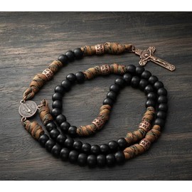 Nazareth Store Paracord Rosary Necklace 8mm Black Beads Antique Bronze Strong Rugged Corded Catholic Rosary with St.Michael Medal & Cross Crucifix (Brown Paracord Copper St.Benedict)