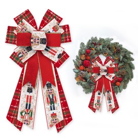 Glodecart Large Christmas Bow for Wreath,Nutcracker Soldier Velvet Red Green Plaid Wreath Bow for Christmas Décor Winter Bow for Front Door Indoor Outdoor Wall Tree Topper Decoration Supplies Ornament