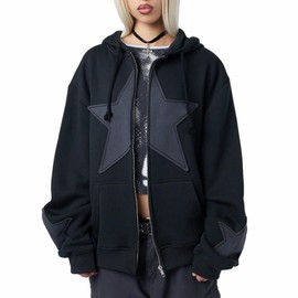 Karwuiio Women Y2k Zip Up Hoodies Star Graphic Long Sleeve Jackets Hip Hop Harajuku Oversized Hooded Sweatshirt(Black,M)