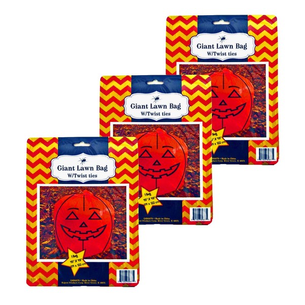 Set of 3 Giant Halloween Orange Pumpkin Lawn Bags with Twist Ties 45" x 48" (Set of 3, Pumpkins)
