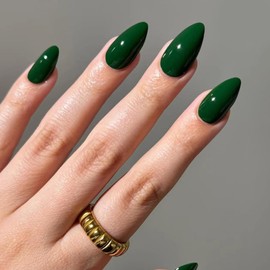 24Pcs Almond Press on Nails Medium Green Fake Nails Glossy Green Glue on Nails Full Cover Acrylic False Nails Dark Green Solid Color Stick on Nails for Women and Girls DIY Spring Nail Art Decoration