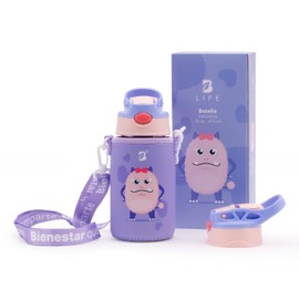 B Life Botella de Agua para Niños Resistente con Popote y Asa | Botella Peluchina de 473 ml para Bebidas Frías y Calientes Sin Fugas. Peluchina Kids W
