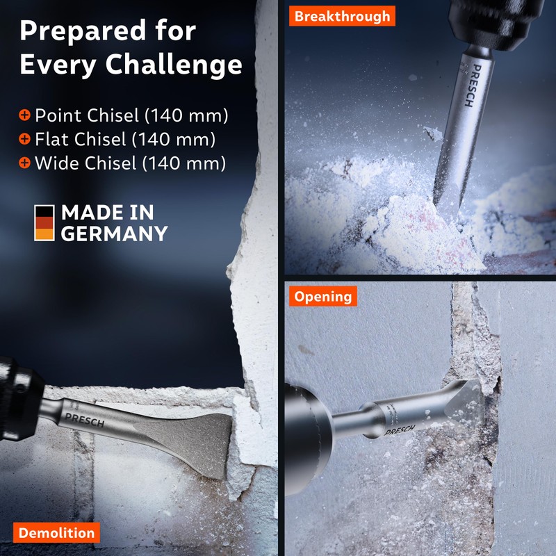 Presch SDS-Plus Chisel Set 3pcs. | Flat Chisel, Wide Chisel,
