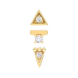 Silvershake Petite 3-Pair Set White Cubic Zirconia Yellow Gold Plated 925 Sterling Silver Minimalist Tiny Bead Ball Triangle Shape Geometric Trendy Chic Casual Stud Earrings April Gemstone Birthstone,