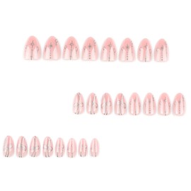 Pink & Silver Press on Nails Short Almond Fake Nails Silver Star Bow Nail Art Design False Nails Press ons for Women Manicure,Glossy Finish | Reusable | Nail Kit with Jelly Adhesive Tabs | 24 Pcs