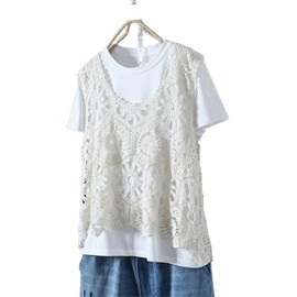 Qian qian Women's Vest, Lace, Openwork Knitting, U-neck, Sleeveless, Floral Pattern, Knit Top, Clean, Casual, Openwork, Retro, Knitting, Breathable, Vest, Commuting to Work, beige