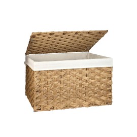 MOORLITER Storage Basket with Lid, 27.7 Gallon (105L) Wicker Storage Trunk with Handles, Handwoven Wicker Basket for Blanket, Removable Liner, Foldable, for Living Room, Laundry Room, Natural
