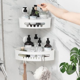 TAILI Shower Shelf No Drilling, Adjustable Corner Shower Caddy Suction Cup Set of 2 Shower Accessories with Hooks Rustproof Black Shower Shelf Organiser (Black-3)