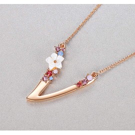 Flower Initial Letter Necklace, Pink Red Blue Simulated Pearl Pendant Name Jewelry Made with Austrian Crystals Rose Gold Plated Anniversary Birthday Gifts for Women,18"+2" (V)