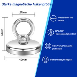 Pack of 8 Neodymium Magnets, Extra Strong Magnetic Fishing, 70 kg, 42 mm, Super Strong Magnetic Fishing Magnet with Hole, Magnetic Fishing Neodymium Magnet Strong for Home, Workshop, Pond Recovery