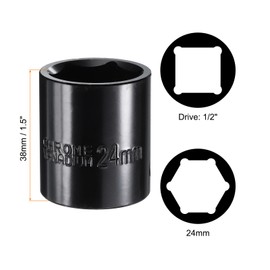 uxcell 1/2" Drive 6 Point Pneumatic Socket 24mm Metric Shallow Impact Socket Chrome Vanadium Steel Square Drive 6-Point Sockets Mechanic Hand Tool for Pneumatic Wrench, Black