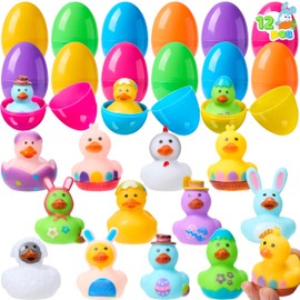 JOYIN 12 Pcs Prefilled Easter Eggs with Rubber Ducks Bath Toys, Basket Stuffers for Toddlers & Babies, Kids Party Favors, Easter Egg Hunt, Classroom Prizes for Kids