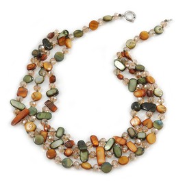 Avalaya 3 Strand Olive/Mustard Shell Nugget and Crystal Bead Necklace with Silver Tone Spring Ring Closure - 52cm L/ 6cm Ext