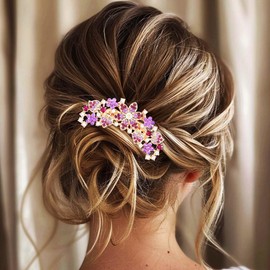 Jovono Rhinestone Flower Bride Wedding Hair Comb Gold Crystal Bridal Headpieces Accessories for Women (Purple)