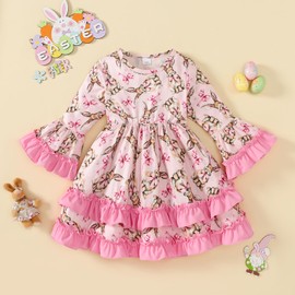 Little Girl Easter Dress Rabbit Outfit Flared Sleeve Ruffled Dresses 3-7 Years Pink
