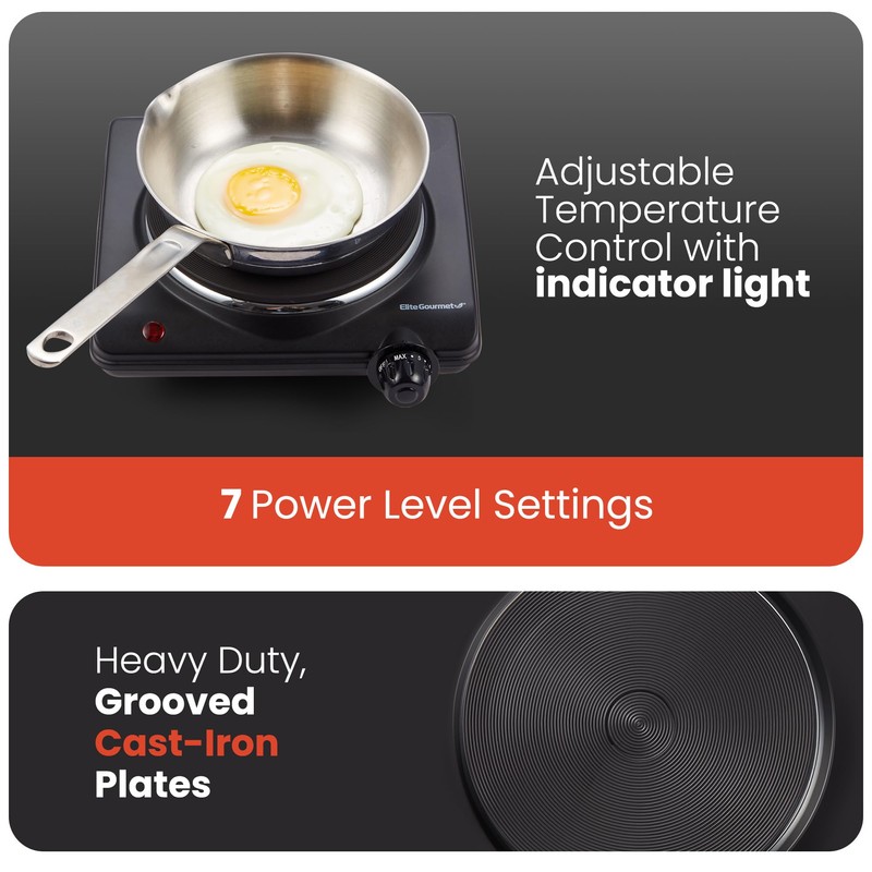 Elite Gourmet ESB-301BF Countertop Single Cast Iron Burner, 1000 Watts