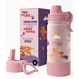 Bentoheaven Kids Water Bottle Stainless Steel for Boys & Girls, 2 Lids (Chug & Straw), Handle & Silicone Boot, Reusable Metal Leak-proof Insulated Tumbler, School & Sports 17oz (Pink)