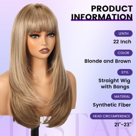Ombre Brown Mixed Gray Wigs for Women Long Straight Wigs With Bangs Cosplay Wigs Natural Looking Synthetic Wig Heat Resistant Layered Cosplay Wigs Daily Use 22 IN