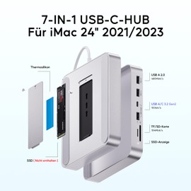 PULWTOP USB C HUB for iMac 24 Inch 2021/2023/2024, 7-in-1 iMac USB Hub for iMac M1/M3/M4, iMac Accessories with USB C 10 gbps, 3 x USB A, SD/TF Card Reader, Supports M.2 NVME SSD (Not Included), Silver