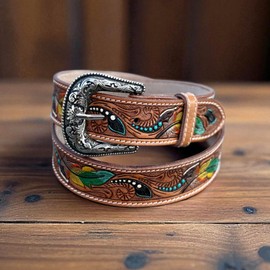 DANIEL'S ARTPLANET Men's Western Belt 1.5” Wide Full Grain One Piece Leather Tooled Belt with Buckle Handmade Engraved (38 (fits size 36 jeans))