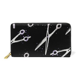 Hairdressing Scissors Seamless On BlackWomen Leather Zipper Long Wallet, Coin Clutch Pouch Pocket, Key Card Change Purse Holder, Large Capacity Organizer Slim Cover Case