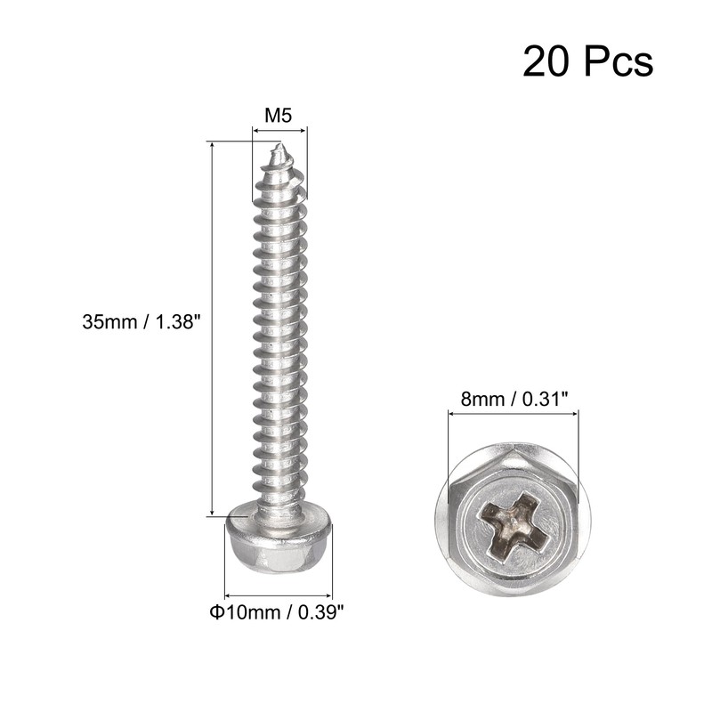 sourcing map Phillips Hex Washer Self Tapping Screws, M5 x