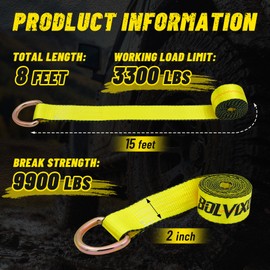 Bolvixor 8 Pack 2" x 96" Lasso Strap - 9900LBS Break Strength - D Ring Auto Tie Down for Wheel Lift, Trailer, Tow Truck