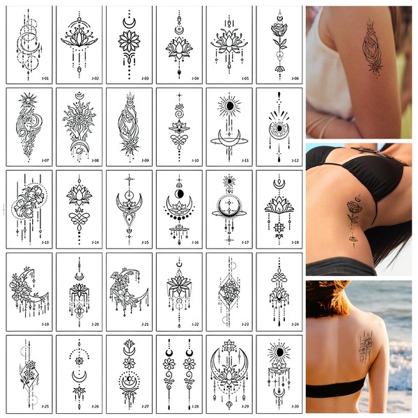 30 Removable Temporary Tattoos in Various Geometric Designs - Waterproof Tattoo Stickers - Durable Body Art for Any Occasion