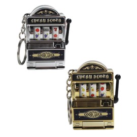 GONZTEL Pack of 2 Mini Single Arm Bandit Keychains, Casino Slot Machine in Gold, Jackpot Lucky Charm for Bag, Funny Gadget & Creative Gift for Men