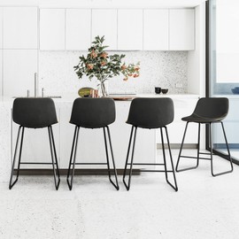 LUE BONA Bar Stools Set of 4, 24" ALX Faux Leather Barstools, Modern Counter Height Stools with Back and Metal Legs, Armless Counter Chairs for Kitchen Island, Black