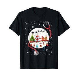Gingerbread Nurse Snowman On Stethoscope Doctor Xmas Moon T-Shirt, black