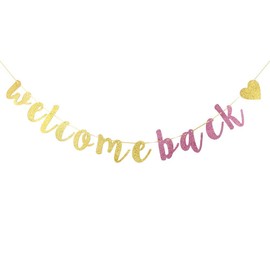 INNORU Welcome Back Banner, Gold and Pink Glitter Retirement Party Banner, Moving Away, Retirement Party Decorations, First Day of School Banner