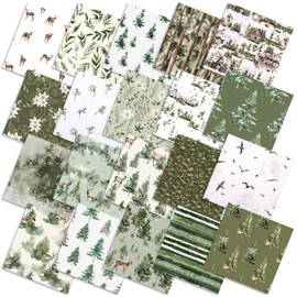 HunnmingRe 20 Pcs 10''x10'' Watercolor Forest Quilting Fabric Square Vintage Green Quiltted Fabric Bundle Christmas Tree Reindeer Precuts Printed Patchwork Supplies for Holiday DIY Sewing Craft