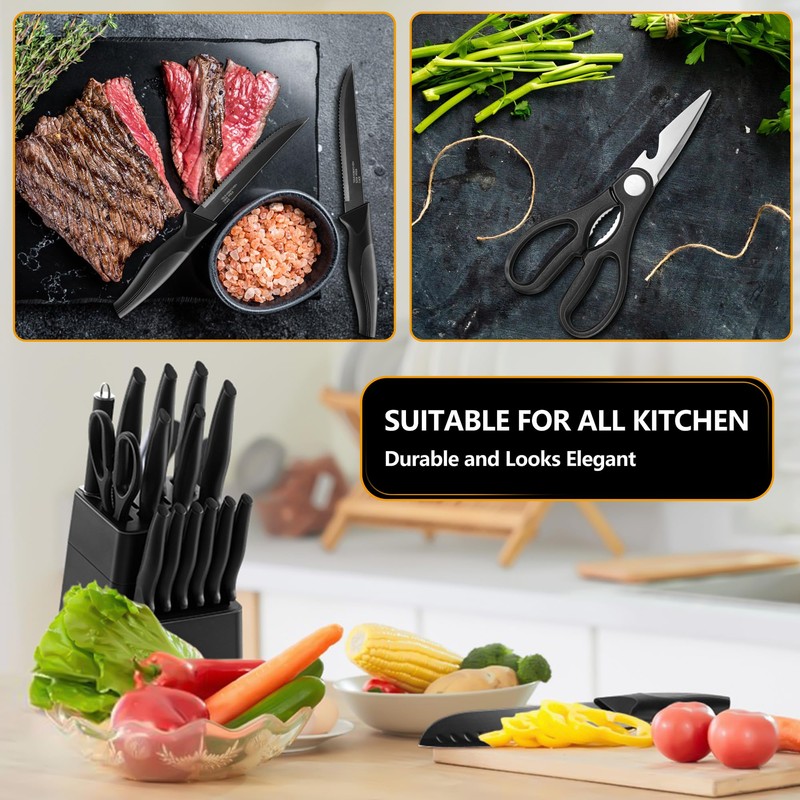 E-far Knife Set with Block, 15 Pieces Kitchen Knife Block